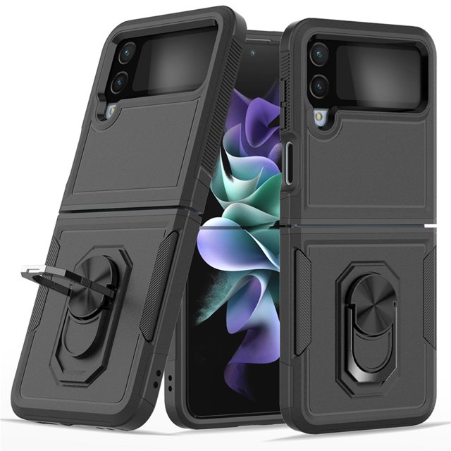 Heavy Duty Case for Samsung Galaxy Z Flip 4, Full Body Case with 360° Rotation Metal Ring Holder Kickstand Rugged Shockproof Anti-Scratch Case,Pink
