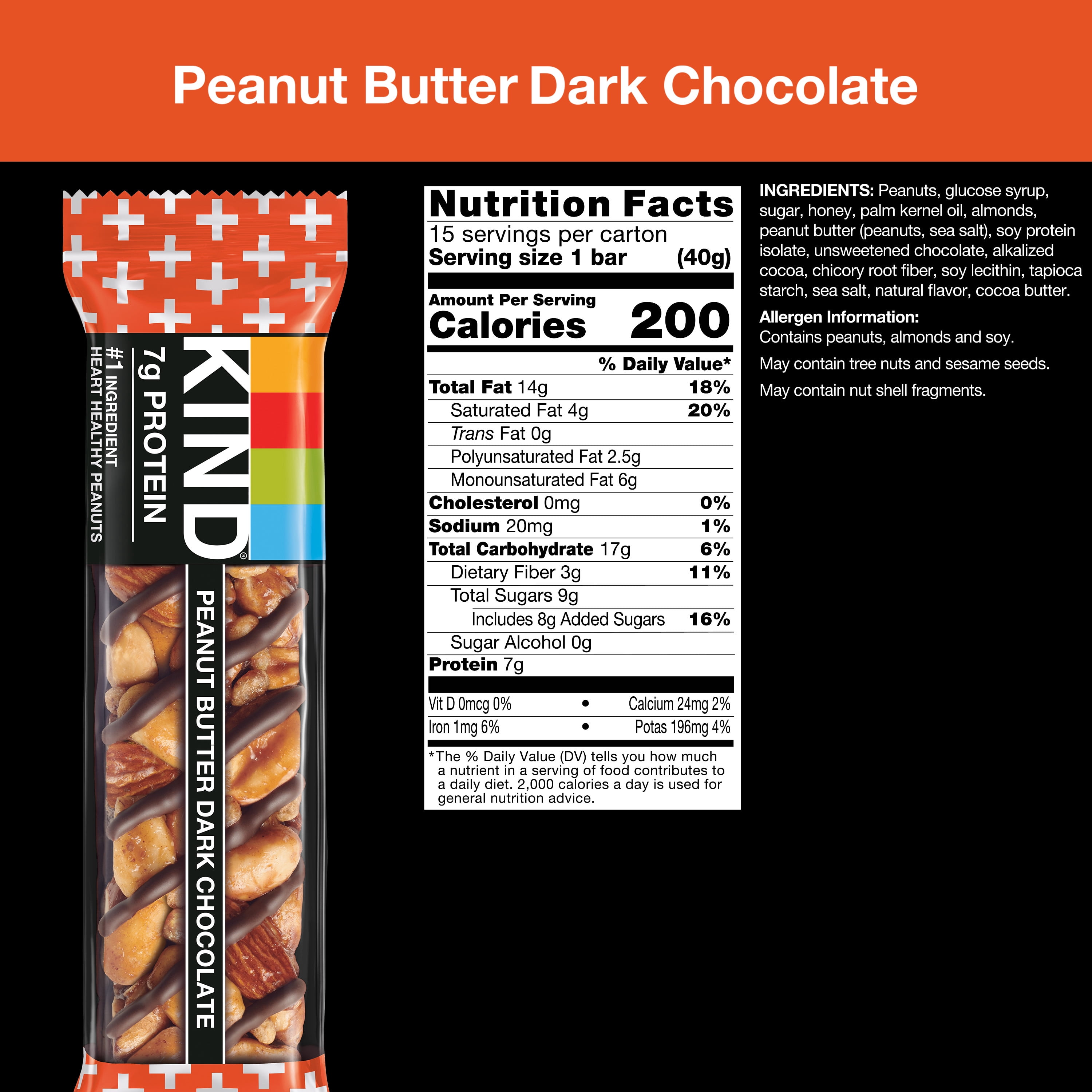 KIND Nut Bars, Peanut Butter Dark Chocolate, 1.4 oz, 15 Count