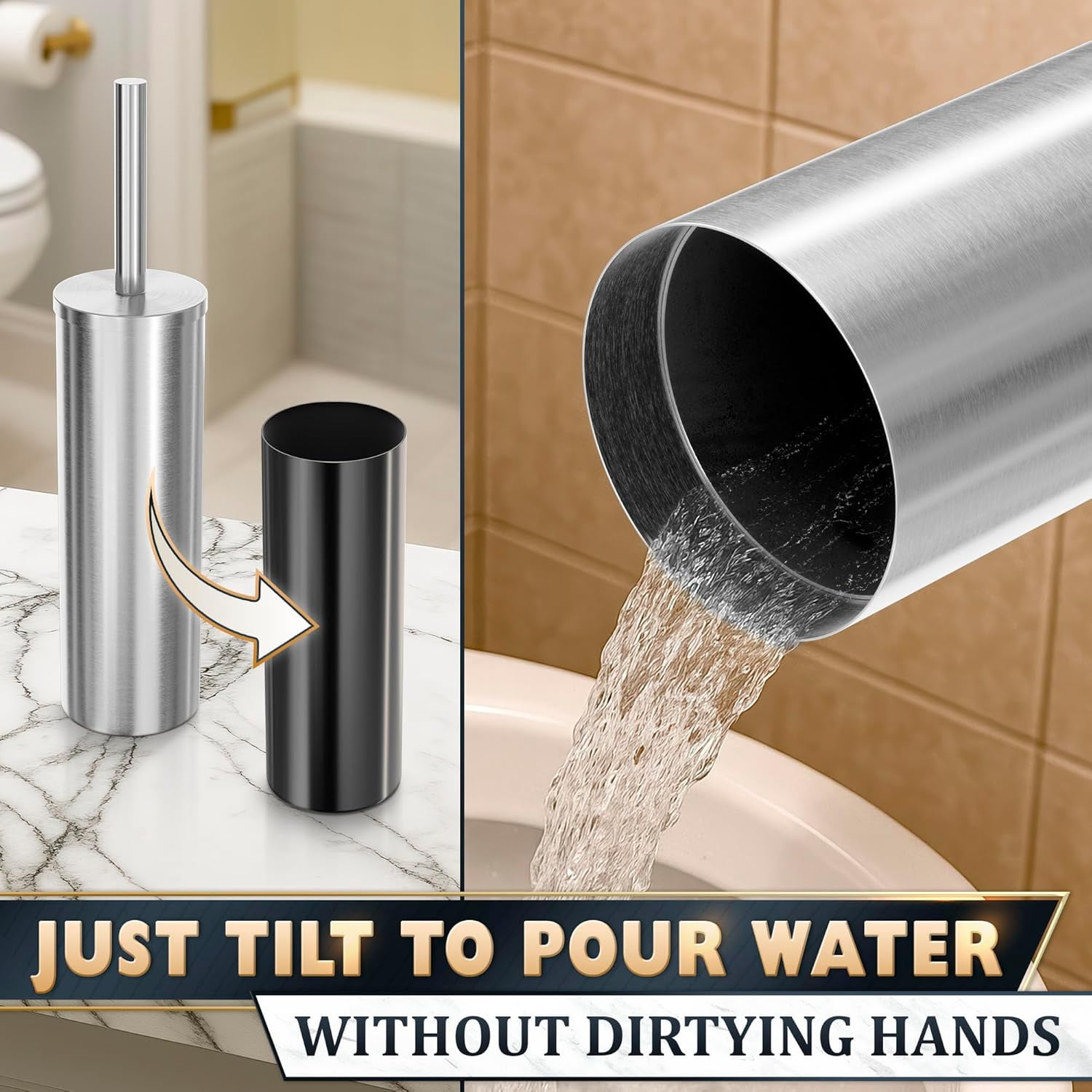 Silver Toilet Brush and Holder Set - Brushed Stainless Steel Gold Toilet Bowl Brush and Holder with Replacable Head, Removable Inner Bowl, and Splash Protection - Dense Bristles for Through Cleaning