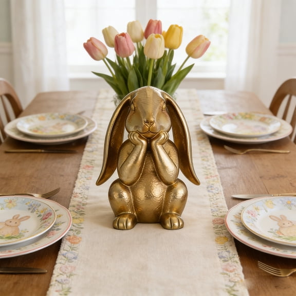 Chanana Gold Easter Bunny Statue, Gold Resin Rabbit Figurines, Vintage Metallic Bunny Sculptures for Spring Tabletop Mantel Shelf Home Decor Gift, 8"
