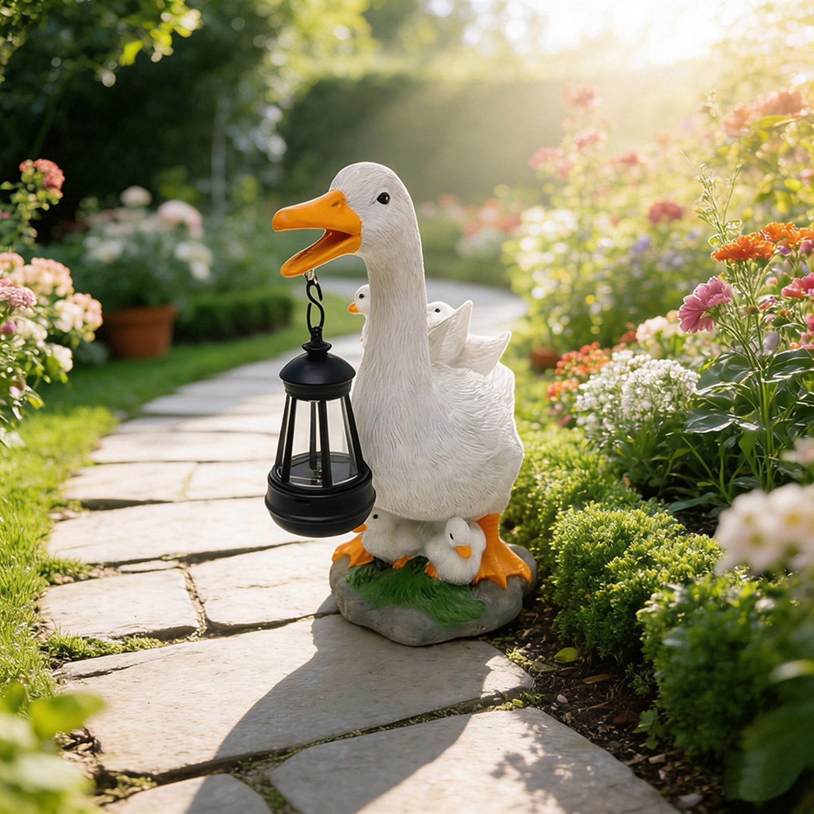 Solar Lights Garden Duck Figurine Decor,Resin White Duck Figurines Light Yard Art Sculpture,Lifelike Animal Statue for Garden,Lawn,Patio,Backyard,Porch Ornaments