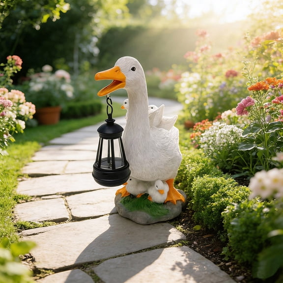 Solar Powered Duck Figurine, Outdoor Garden Resin Statue, Courtyard Lawn Landscape Decor, Easter Decor, Light Up Animal Craft, Waterproof Outdoor Decor for Garden Yard Pathway, White, 9.5*4.3*8.7in