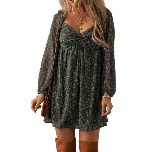 Women's Green Floral Print Sweetheart Neck Shirred Back Mini Dress | [ZhiHiMeRi] | (US 12-14)L