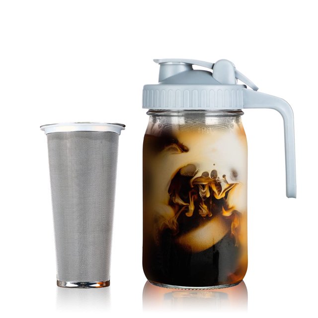 Jrssae Cafetera fría – Jarra fría de 32 oz con filtro súper denso de acero inoxidable, fácil de usar, duradera y resistente, clásica, sin BPA, resistente jarra con tapa gris, fácil de limpiar