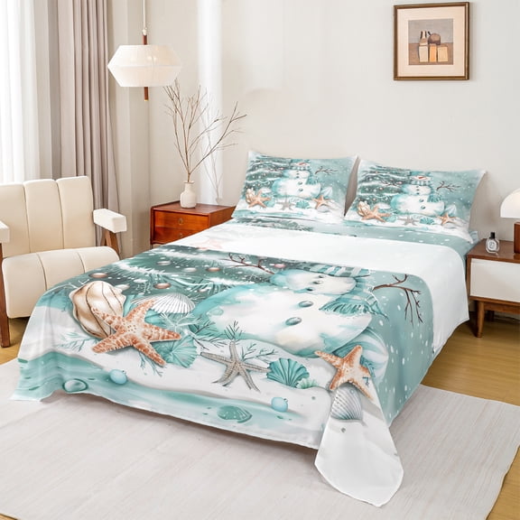 Castle Fairy Teens Children Kawaii Xmas Snowman 3Pcs Twin Sheet Sets,Sea Starfish Seashell Twin Fitted Sheet,Merry Christmas Breathable Flat Sheet,Super Cozy Room Decor