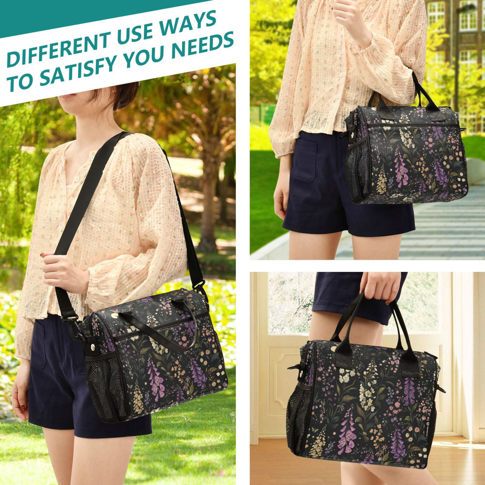 FORMRS Insulated Lunch Bag Unisex Large Capacity with Shoulder Strap, Purple Floral Pattern