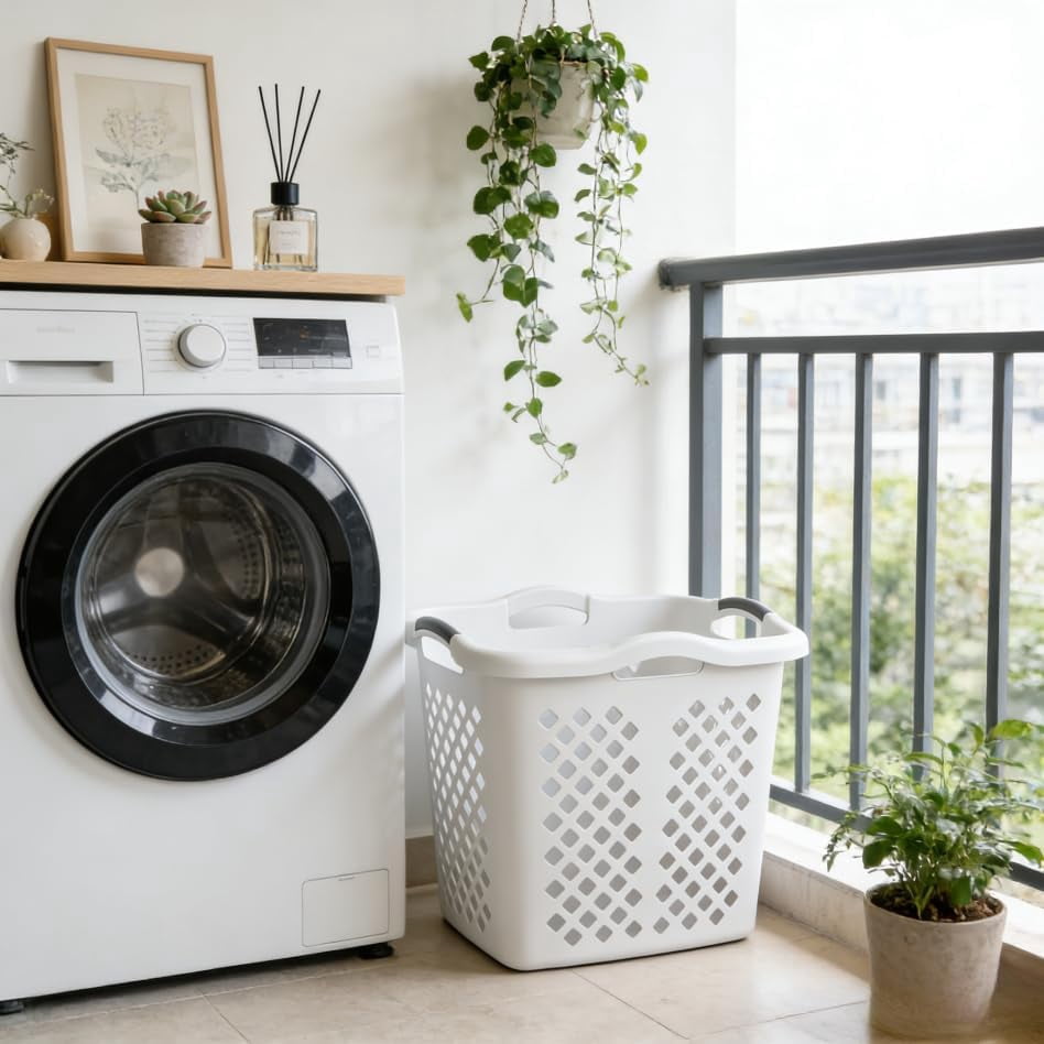 2-bushel capacity laundry baskets with silver handles, white, 2-PACK