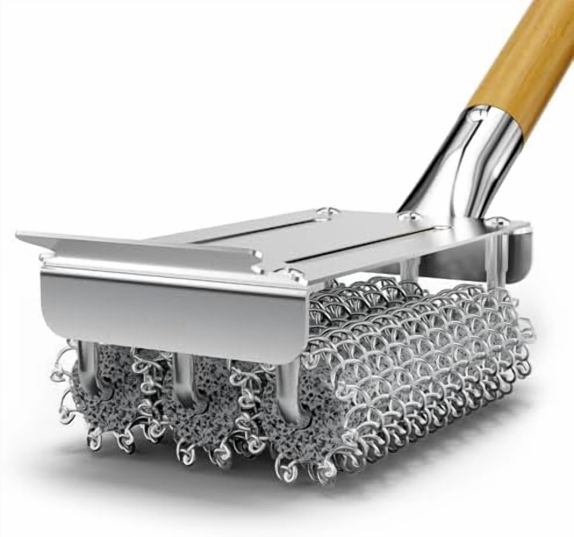 RibRave Grill Brush Bristle Free, 304 Stainless Steel Food-Grade Brush Head with Scraper, Safe BBQ Outdoor Grill Cleaning Brush Strong Barbecue Brush Cleaner Non Wire for Grill Grate/Wooden Handle