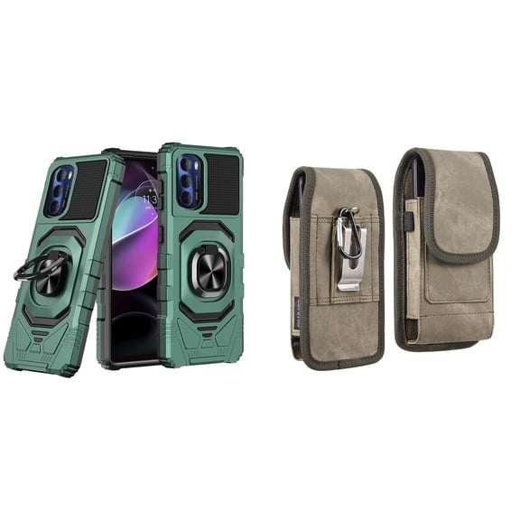 Case with Belt Holster Bundle for Moto G Stylus 5G 2022: Heavy Duty Shield Cover (Midnight Green) and Vertical Rugged Denim Nylon Phone Pouch (Brown)