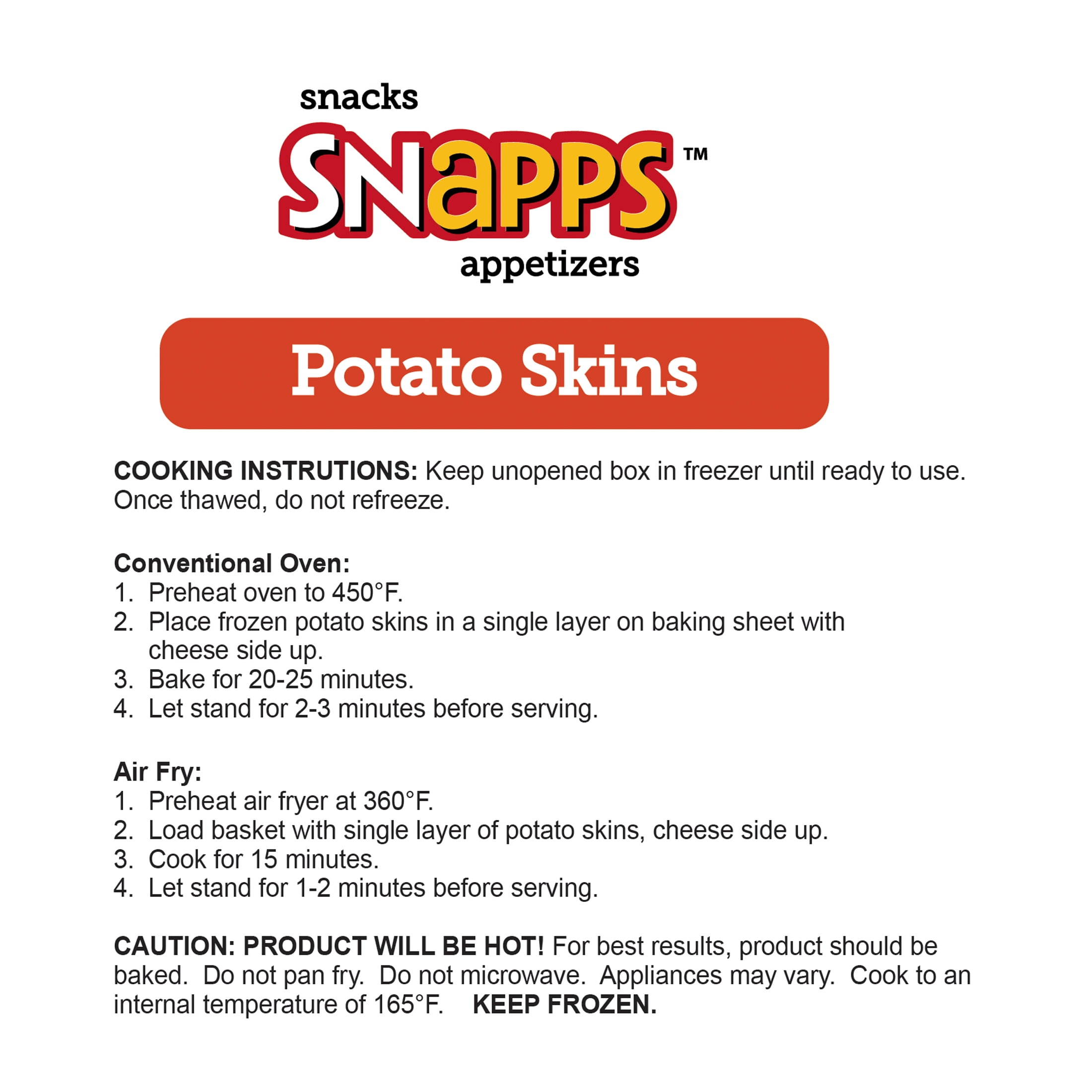 Snapps Frozen Potato Skins with Cheddar Cheese and Bacon, 13.5 oz Cardboard Box