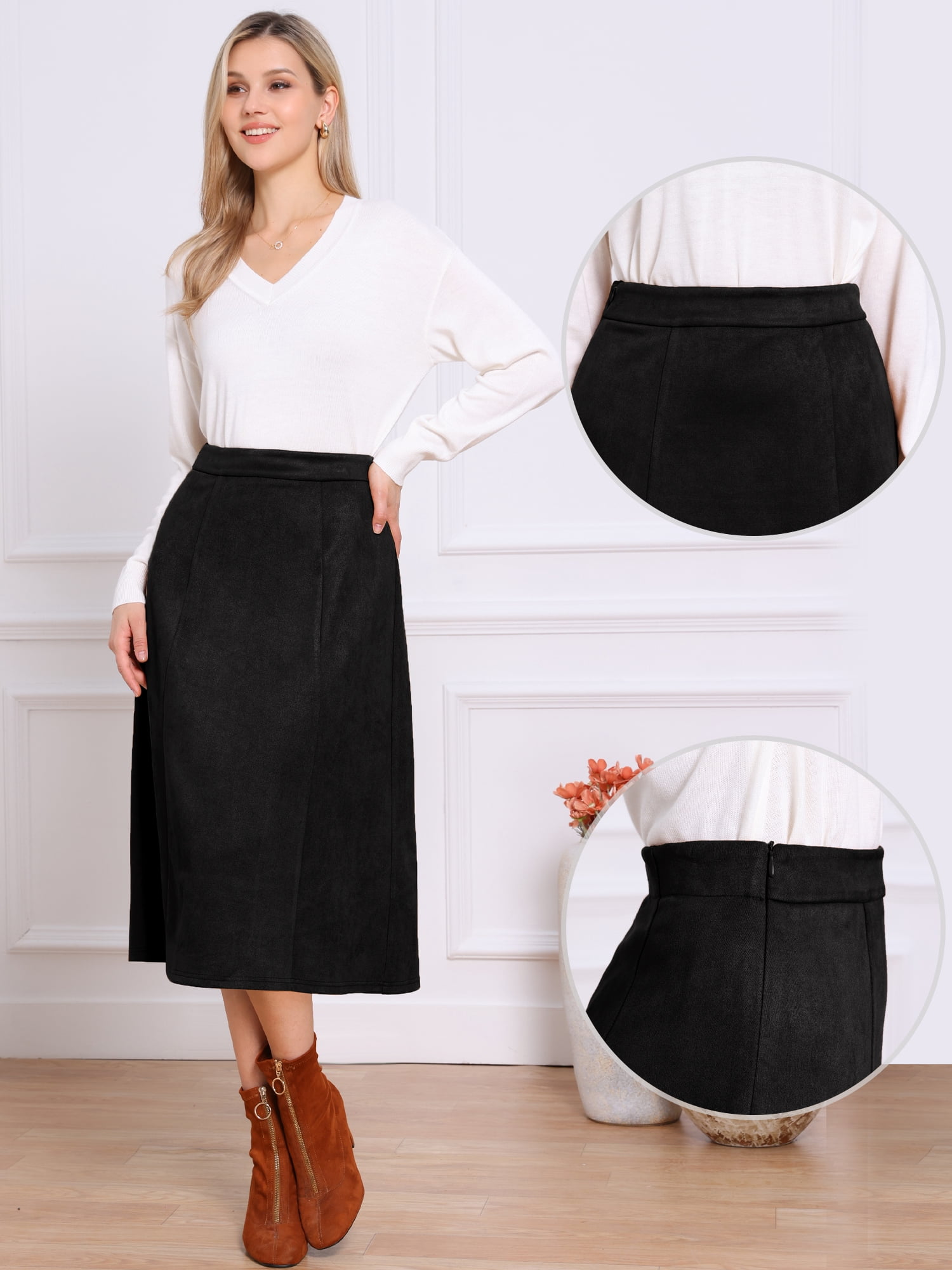 DARING DIVA Women's Casual A Line Faux Suede Midi Skirts L Black