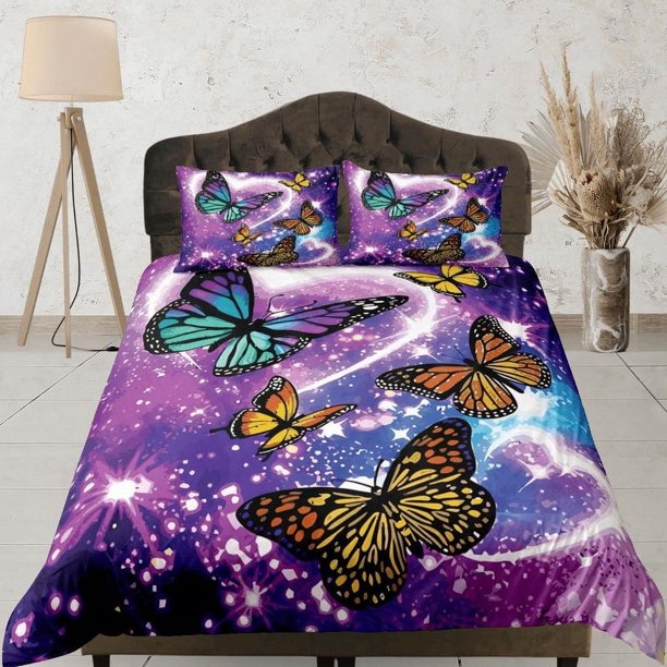Mariposa púrpura Juego de Funda Nórdica Colorido Colcha, Dormitorio Ropa de cama con