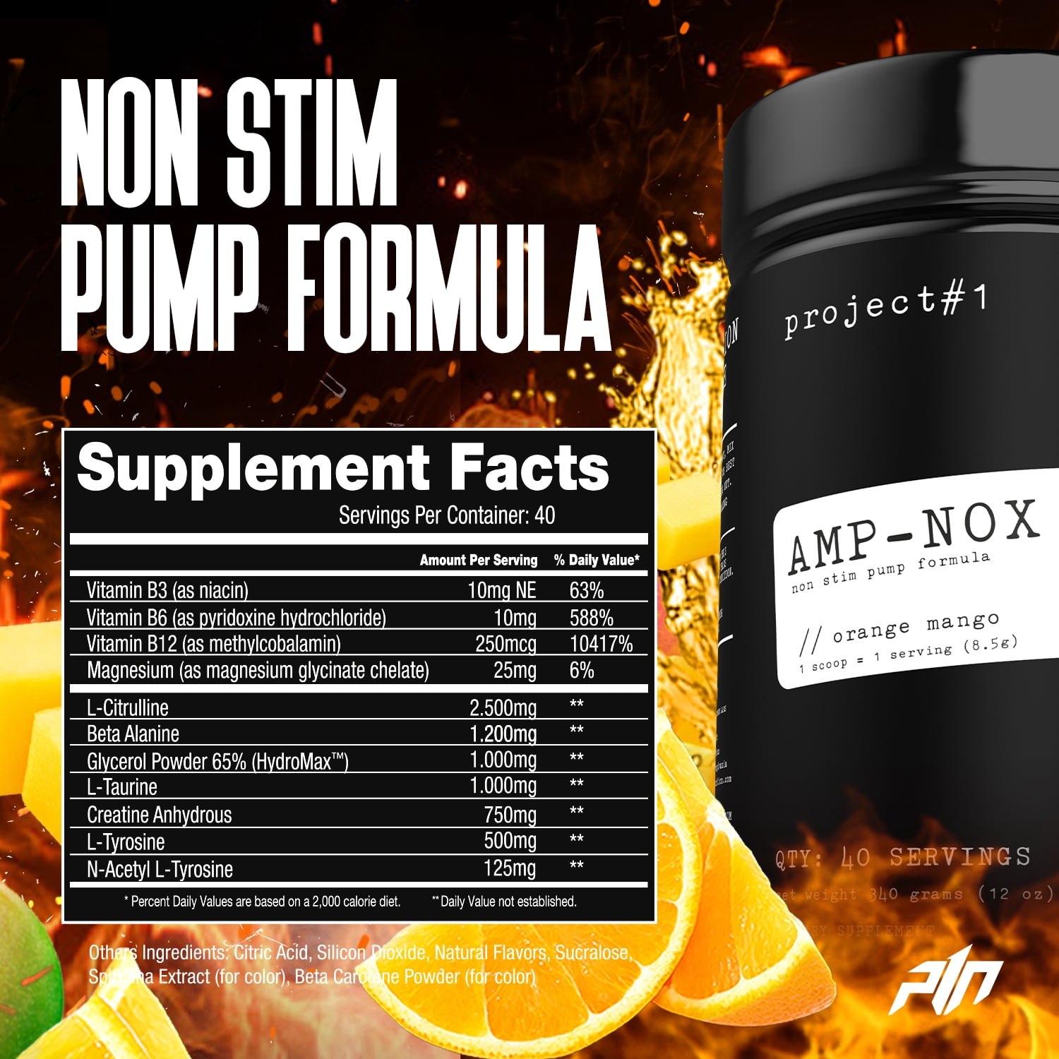 Project 1 Nutrition AMP-NOX Pre-Workout & Protein Powder, Orange Mango Flavor, 40 Servings