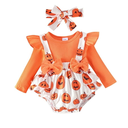 

QWZian Girls Ruffles Long Sleeve Pumpkin Prints Bowknot Romper Bodysuits Headbands Set Sizes 12-18 Months