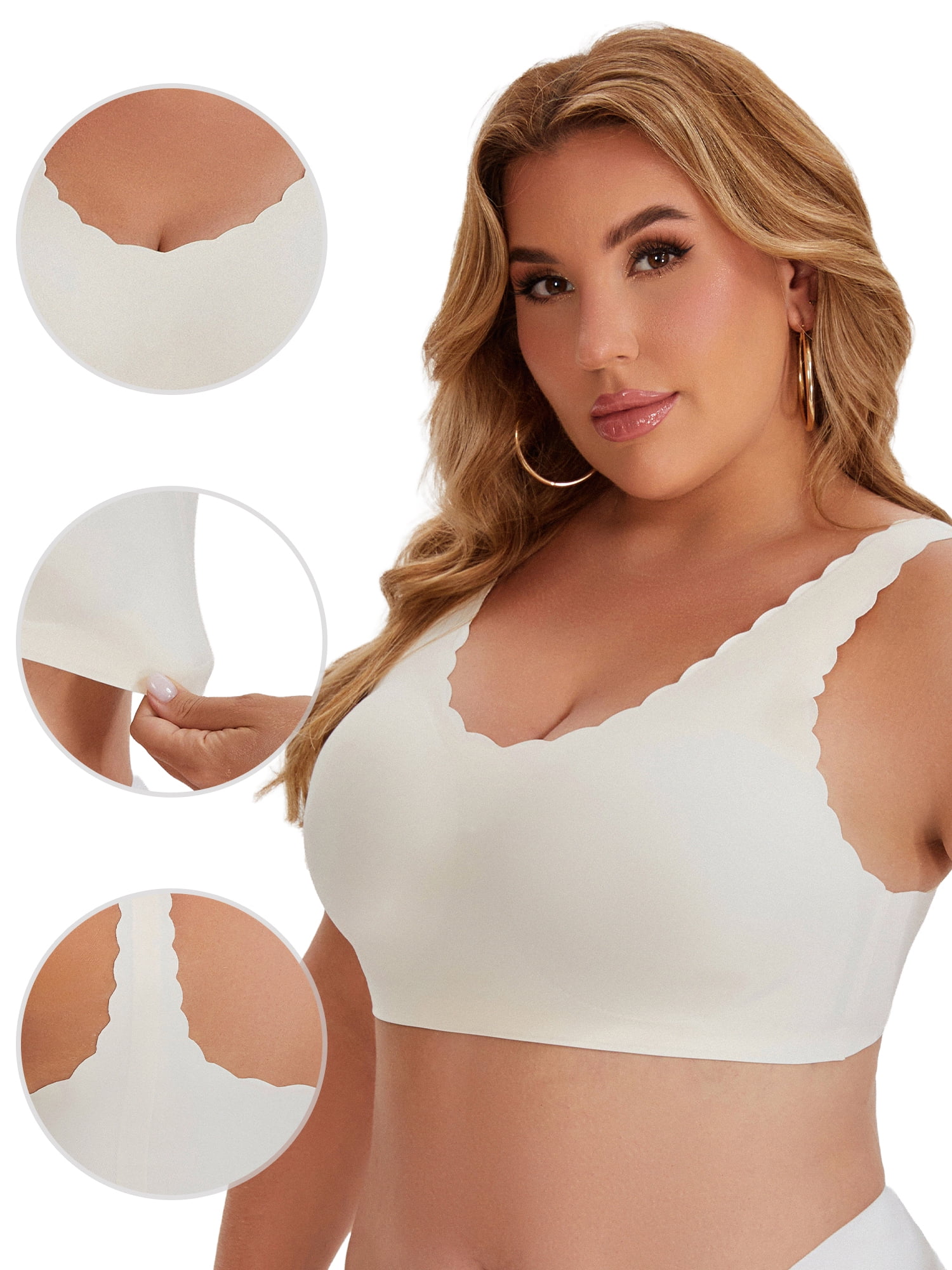 DARING DIVA Women's Plus Size Bras Waved Edge Wireless Push Up Tshirt Bralettes XL White