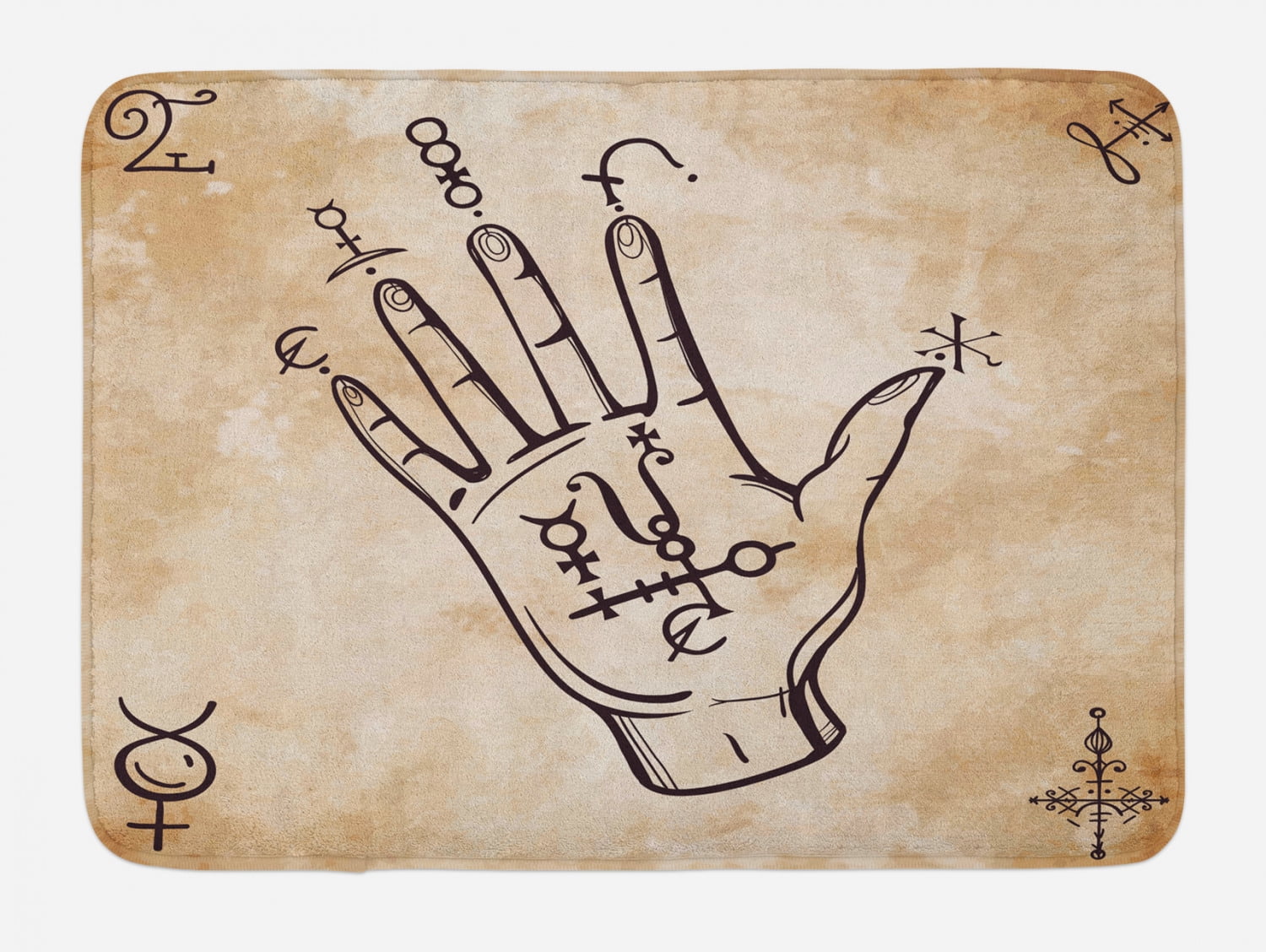 Occult Bath Mat, Hand Sketch with Magical Spiritual Spell Signs on