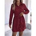thumbnail image 6 of Women'S Collar V Neck Button Down Pleated Long Sleeve Mini Shirt Dress with Belt Wine Red L, 6 of 8