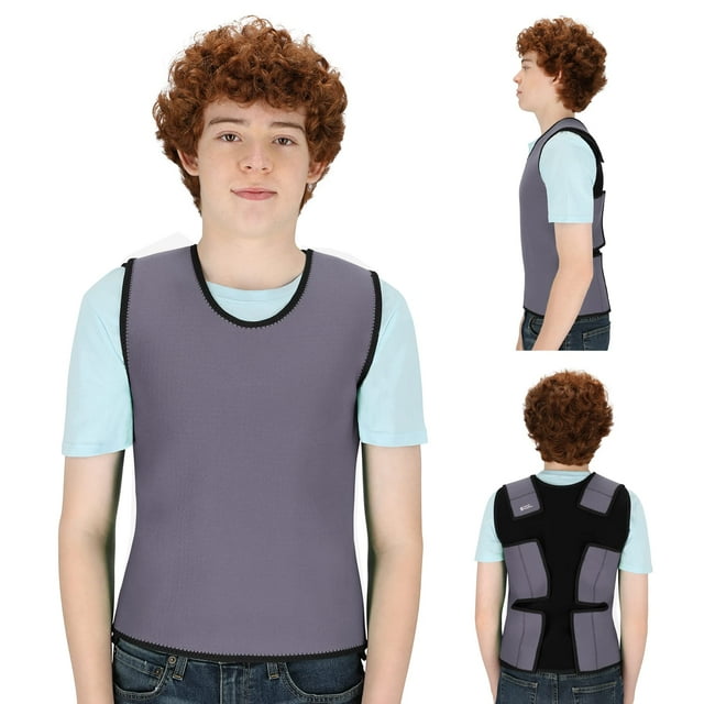 Special Supplies Sensory Compression Vest in grey, size large, designed for deep pressure comfort. The vest is shown on a child, featuring a front-facing view, side profile, and back view. It has a sleek grey front with black trim and a black back panel with adjustable straps for a secure fit. Suitable for kids of all sizes, offering sensory support and comfort.