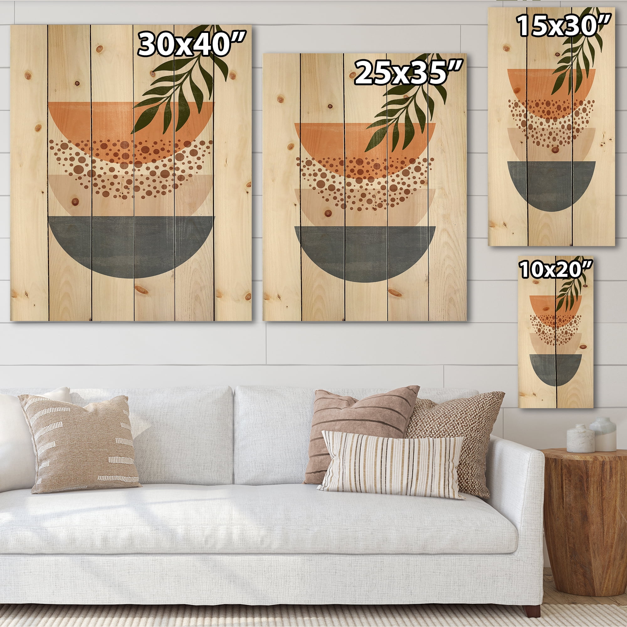Designart 'Abstract Geometrical Moon and Sun With Leaf III' Modern Print on Natural Pine Wood