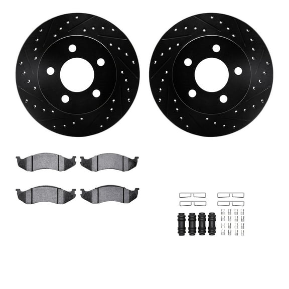 Dynamic Friction Company Front Brake Rotors-Drilled and Slotted-Black with Ultimate Duty Performance Brake Pads includes Hardware 8412-42029