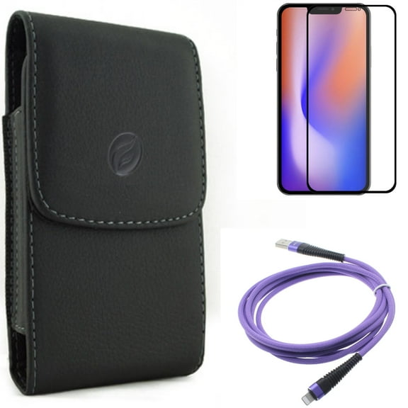 Case Belt Clip & 10ft USB Cable & Screen Protector for iPhone 13/Pro ONLY - Leather Holster Cover   Purple Charger Cord Power   Anti-Glare Tempered Glass Matte Combo