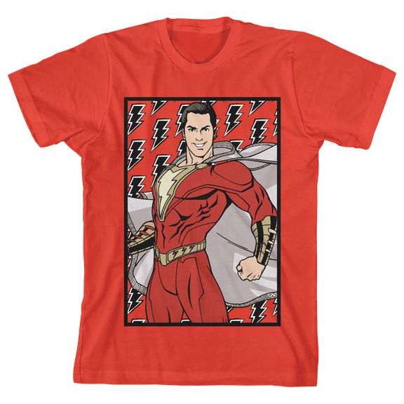 Shazam! Movie Character And Lightning Bolt Pattern Crew Neck Short Sleeve Red Boy's T-shirt-Small