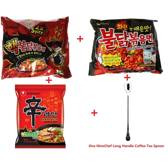 NineChef Bundle - Samyang Ramen Spicy Chicken Roasted Noodles (1 Bag Spicy Flavor + 1 Bag Extra Spicy Flavor + 1 Bag NongShim Spicy Flavor)+ 1 NineChef Spoon
