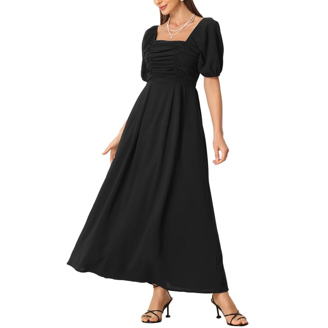INSPIRE CHIC Robe Maxi pour Femme à Encolure Carrée Froncée, Robes Soleil Noir TP