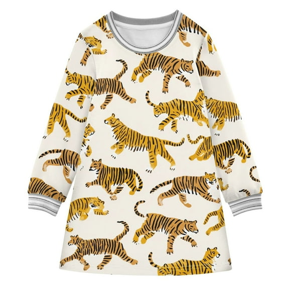 Girls' long-sleeved dress Cute Tiger Girls' A-line dress with ribbed cuffs Soft and comfortable