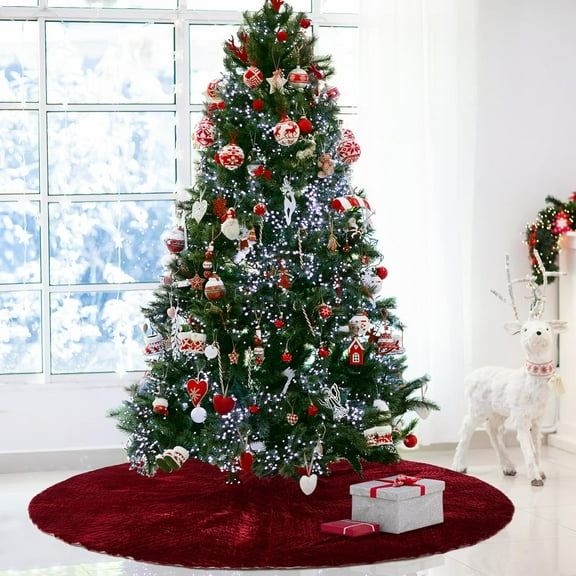 84 Inch Large Christmas Tree Skirt Deluxe Red Veet Christmas Tree Skirt with Quilted Cuff for 12ft Xmas Home Winter Holiday Party Decorations Bury
