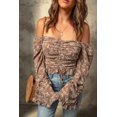 thumbnail image 2 of ABPHQTO Top corto fruncido con hombros descubiertos y estampado floral marrón para mujer, 2 of 5