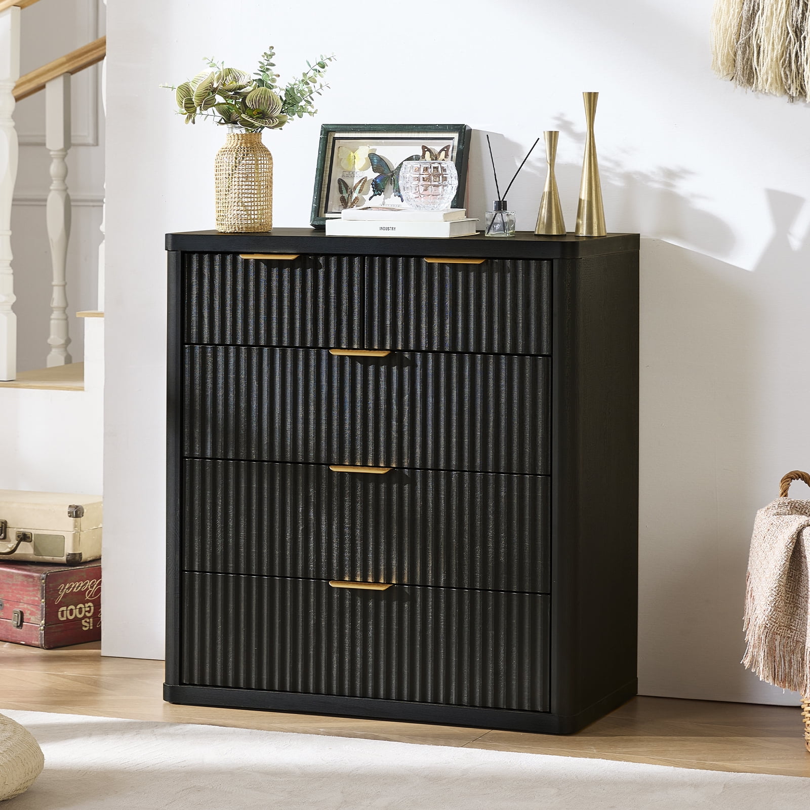 2 Pcs Wood Dresser, 5 Fluted Drawer Dresser for Bedroom, Modern Chest of Drawers with Deep Drawers for Living Room, Hallway, Entryway, Black