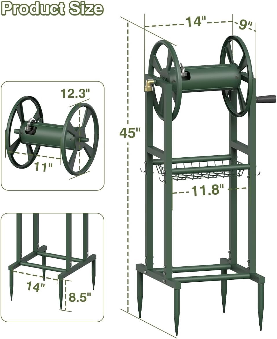Freestanding Garden Hose Reel holds 125ft Hose of 5/8" with 4 Hooks, 4-Spike Outdoor Hose Holder with 3.9ft Leader Hose & Brass Fitting, Detachable Metal Hose Stand with Storage Rack, Green