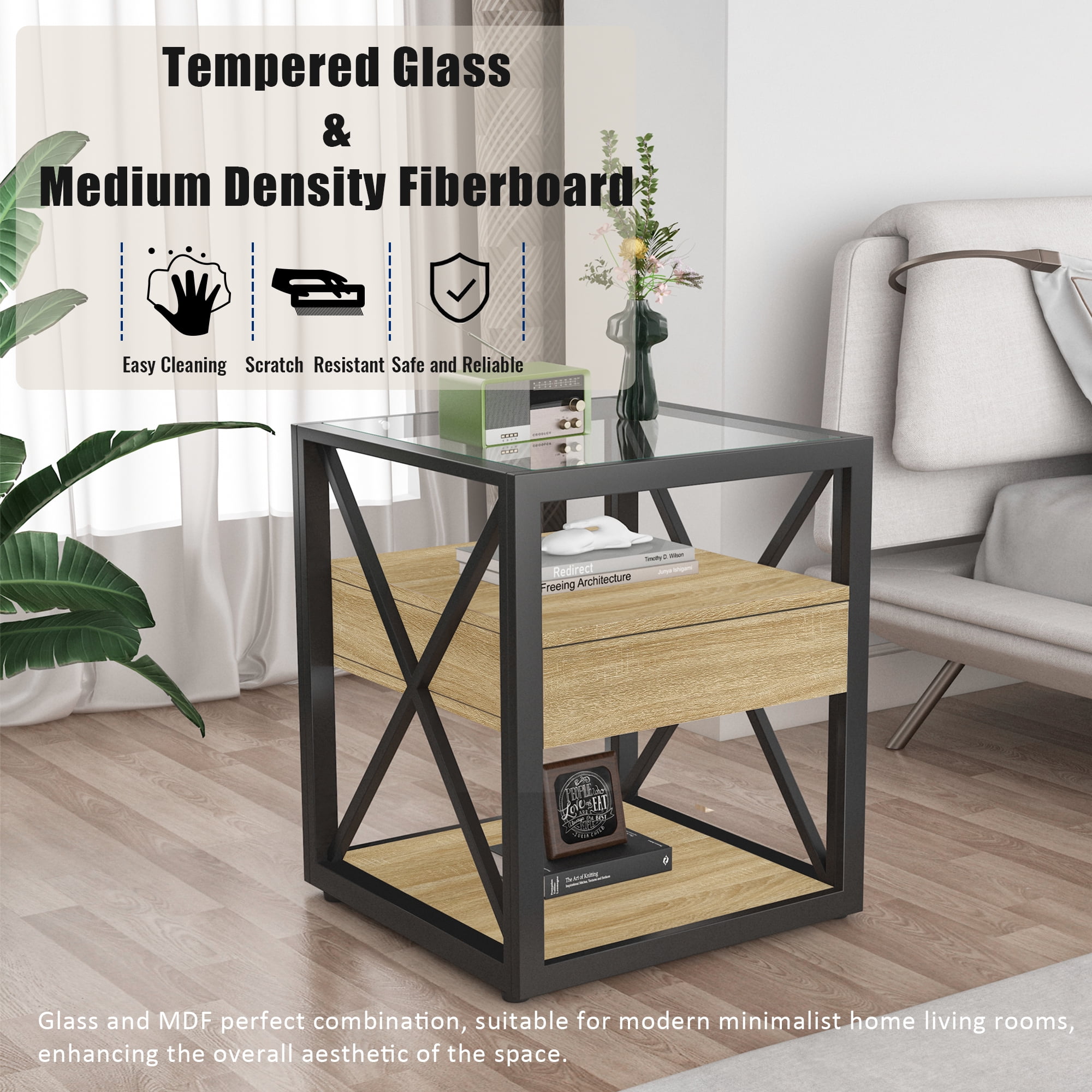 Industrial End Table with Drawer, Modern Side Table or Nightstand with Tempered Glass Top and Sturdy Metal X-Frame, Natural Wood MDF, 3-Tier Storage
