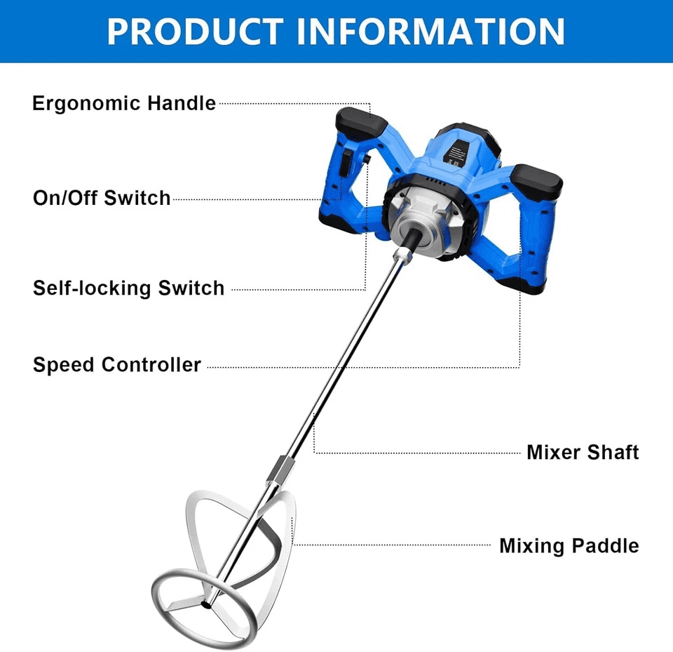 Azzunox Cement Mixer Electric Concrete Mixer Machine 110V Handheld Mud Mixer with 6 Adjustable Speed for Mixing Concrete, Cement, Mud, Mortar, Putty, Paint (Blue)