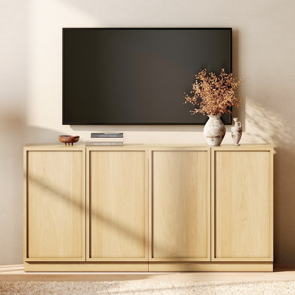 WAMPAT Modern TV Stand for TVs Up to 70", 2-in-1 Entertainment Center TV Console with 4 Doors and Adjustable Shelf, Wooden Media Console Cabinet for Living Room, Bedroom, Oak