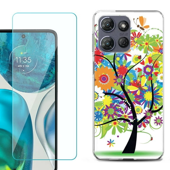 For Motorola Moto G 5G 2025 Phone Case Cover with Tempered Glass Screen Protector, by OneToughShield - Colorful Tree