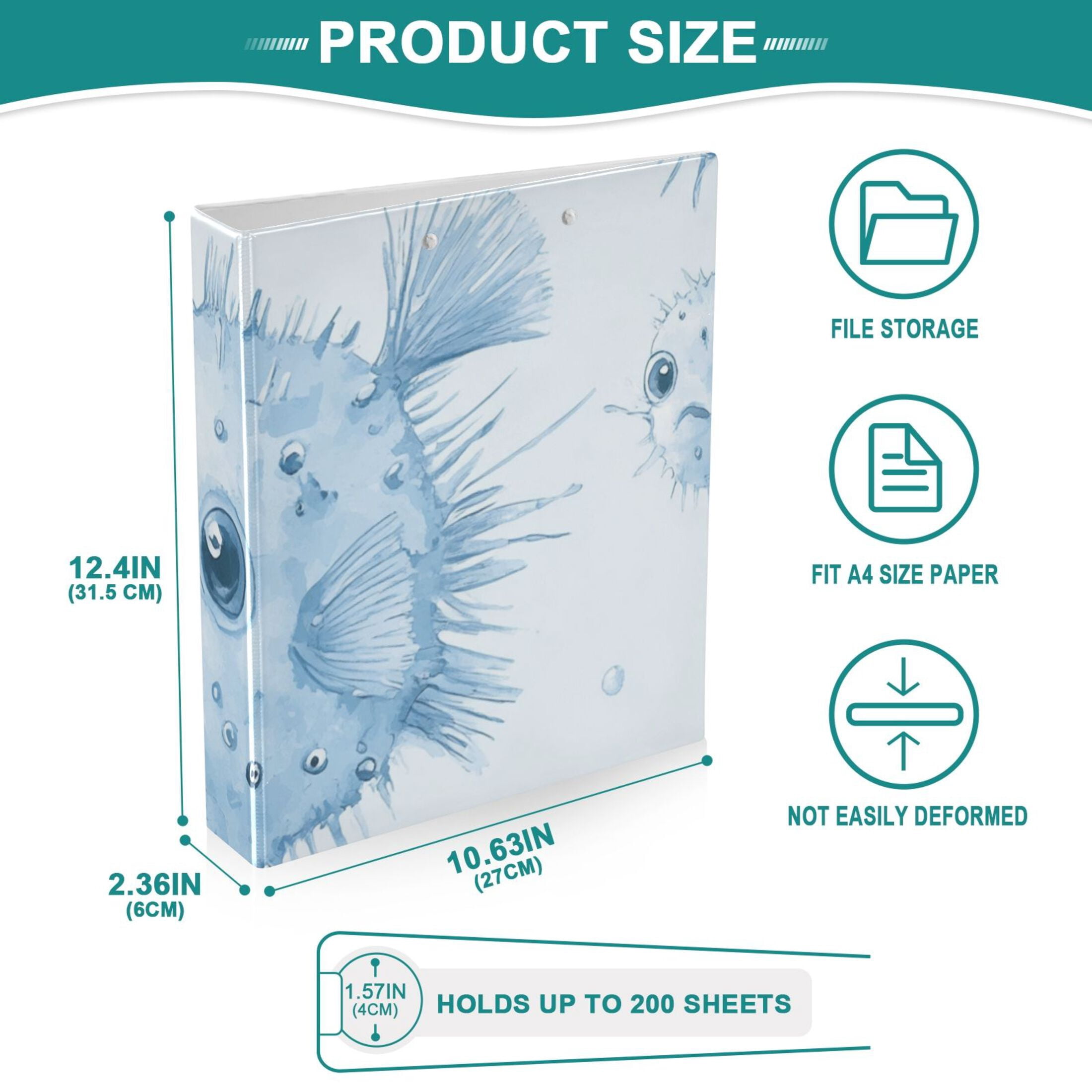 Blue Puffers Fish 3 Ring Binders 1.5 inch Hardcover File Folders with Interior Pockets A4 Size Organizer for School Office Hospital