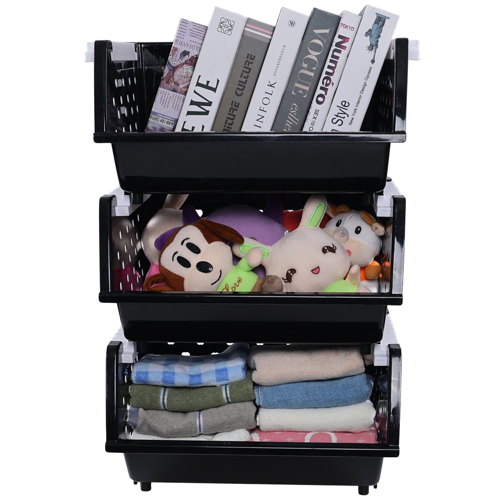 Anbers 3 Packs Plastic Stackable Storage Baskets, Large Stacking Bins, Black