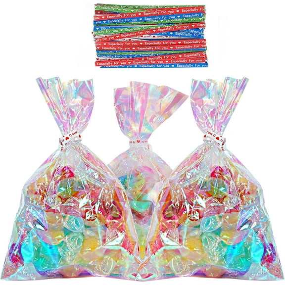 HRX Cellophane Bags 100pcs Small Iridescent Cellophane Treat Bags with Ties, Clear Goodie Bags 4x6 inch Holographic Plastic Goody Bags for Candy, Cake Pops, Favors, Weddings and Birthday