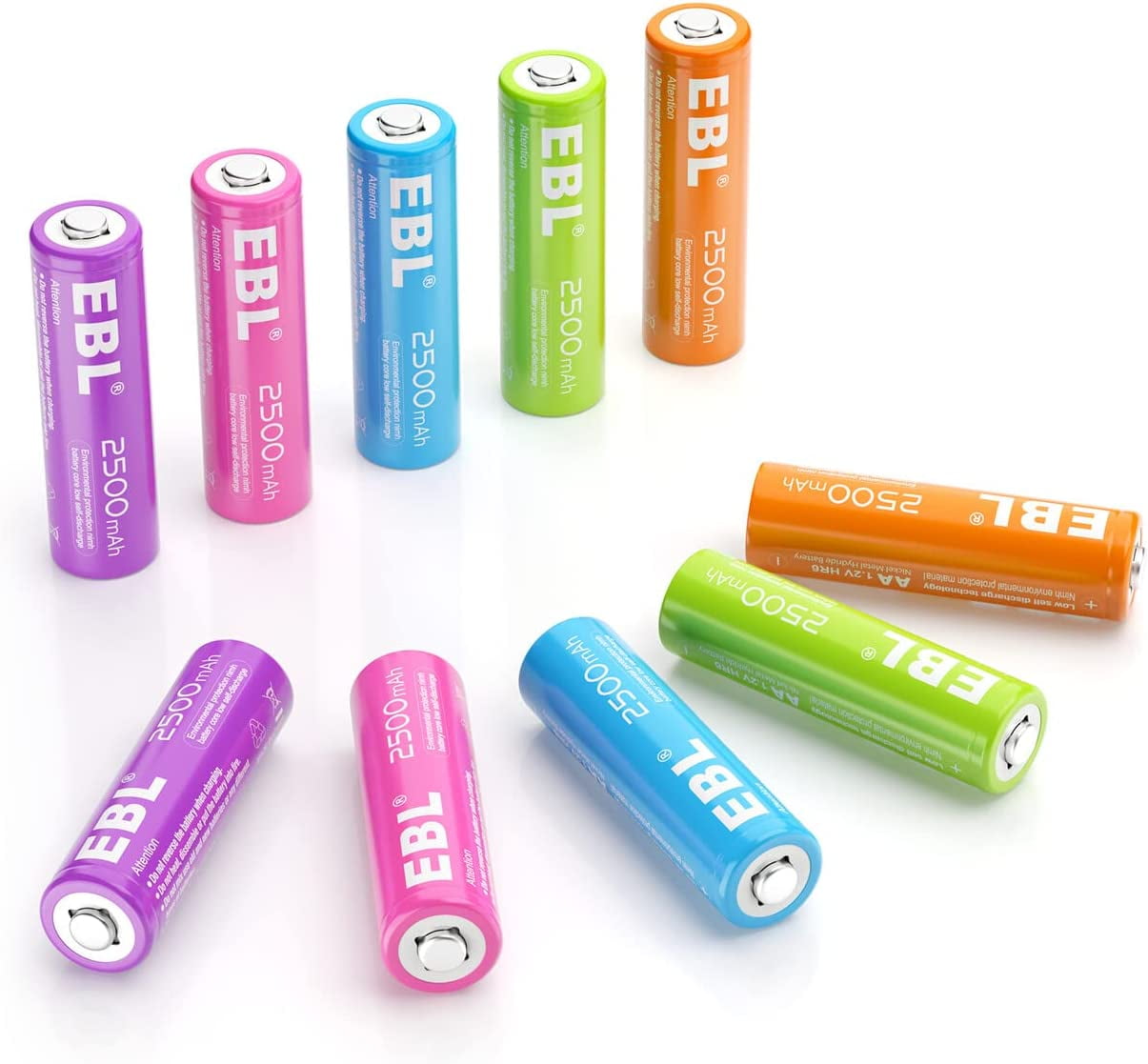 EBL AA Rechargeable Batteries 2500mAh (10 Pack 5 Colors in One Box