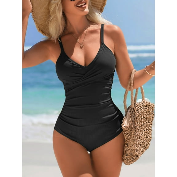 Sociala Womens Sexy V Neck Swimwear High Cut Ribbed One Piece Swimsuit