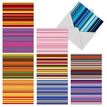 M3034 True Stripes: 10 Assorted Thank You Note Cards Featuring Various Colored Striped Patterns, The Best Card Company Stationery with Matching
