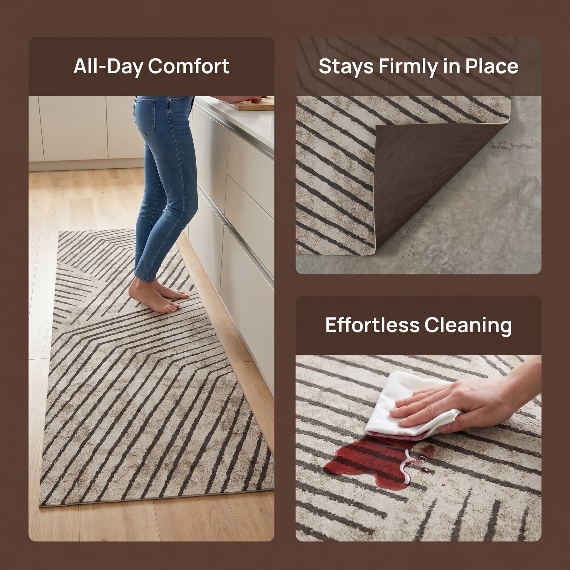 Unique Bargains Geometric Anti Waterproof Cushioned Comfort Rug Khaki Line 47" x 18"