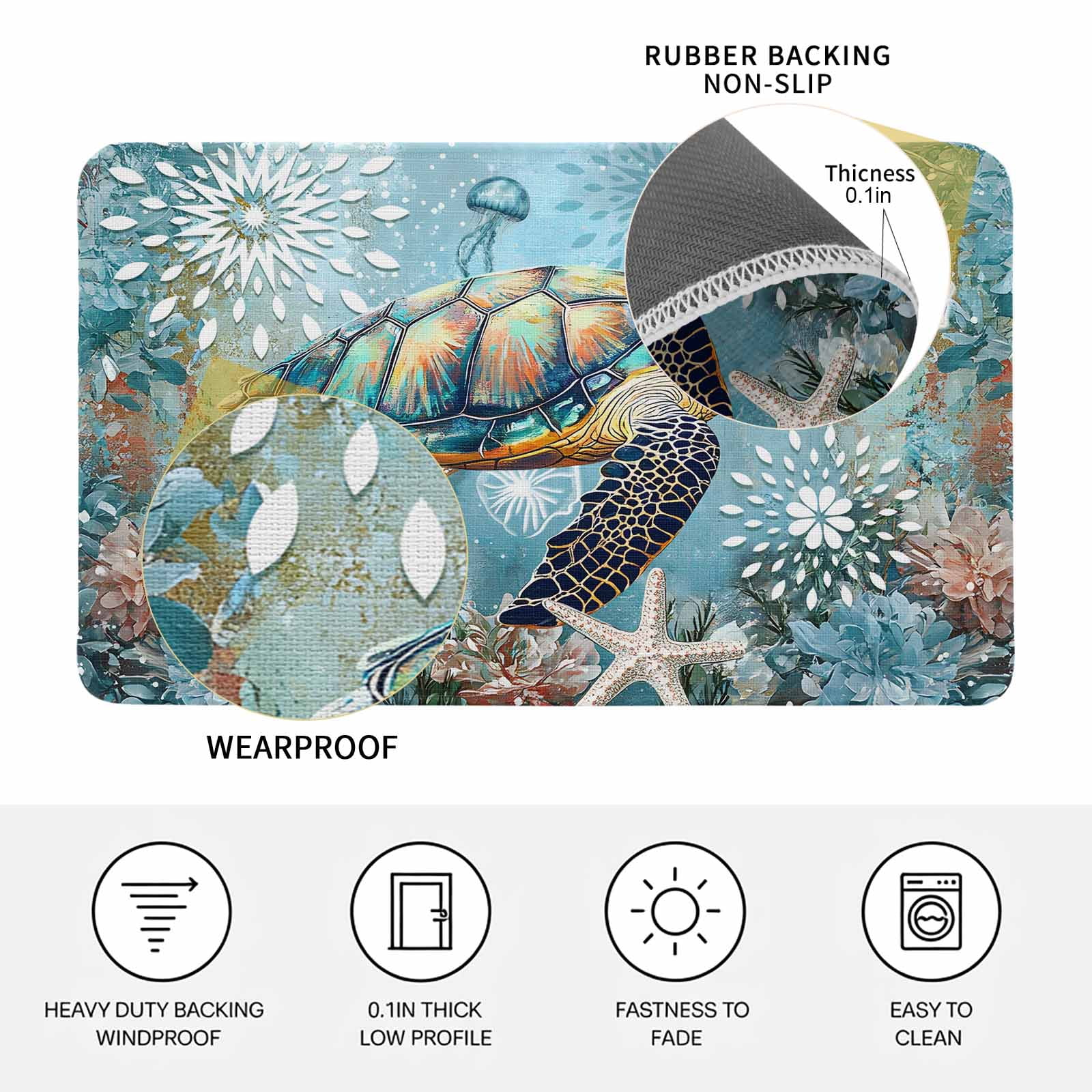 Coastal Sea Turtle Doormat Outdoor Entrance 16"x24", Vintage Teal Nautical Beach Botanical Absorb Moisture Dirt Door Mats, Non-Slip Rubber Backing Floor Mats Indoor, Low-Profile Front Door Rugs