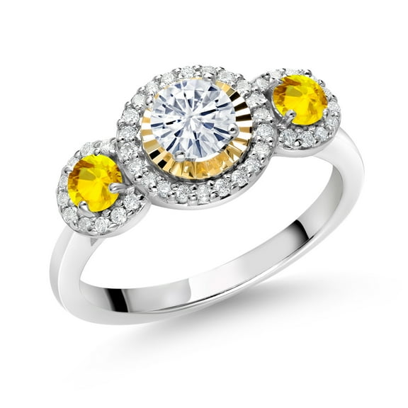 Gem Stone King 925 Silver and 10K Yellow Gold Yellow Sapphire Lab Grown Diamond 3 Stone Women Engagement Ring Set with Moissanite (0.81 Cttw, Size 9)
