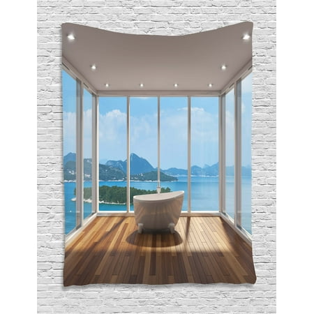Bathroom Wall Hangings Bathroom Decor Tapestry, Minimalist Design Bathtub with Relaxing Scenery of Islands, Wall Hanging for Bedroom Living Room Dorm Decor, 60W X 80L Inches, White Light Brown and Blue, by Ambesonne ()