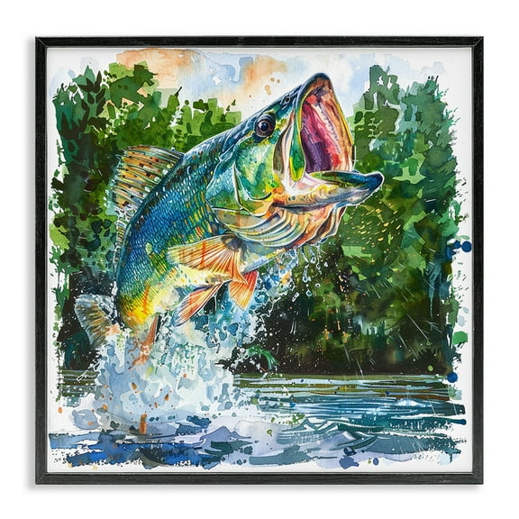 Stupell Industries Splashing Bass Fish Animals Painting Black Framed Art Print Wall Art, 12 x 12