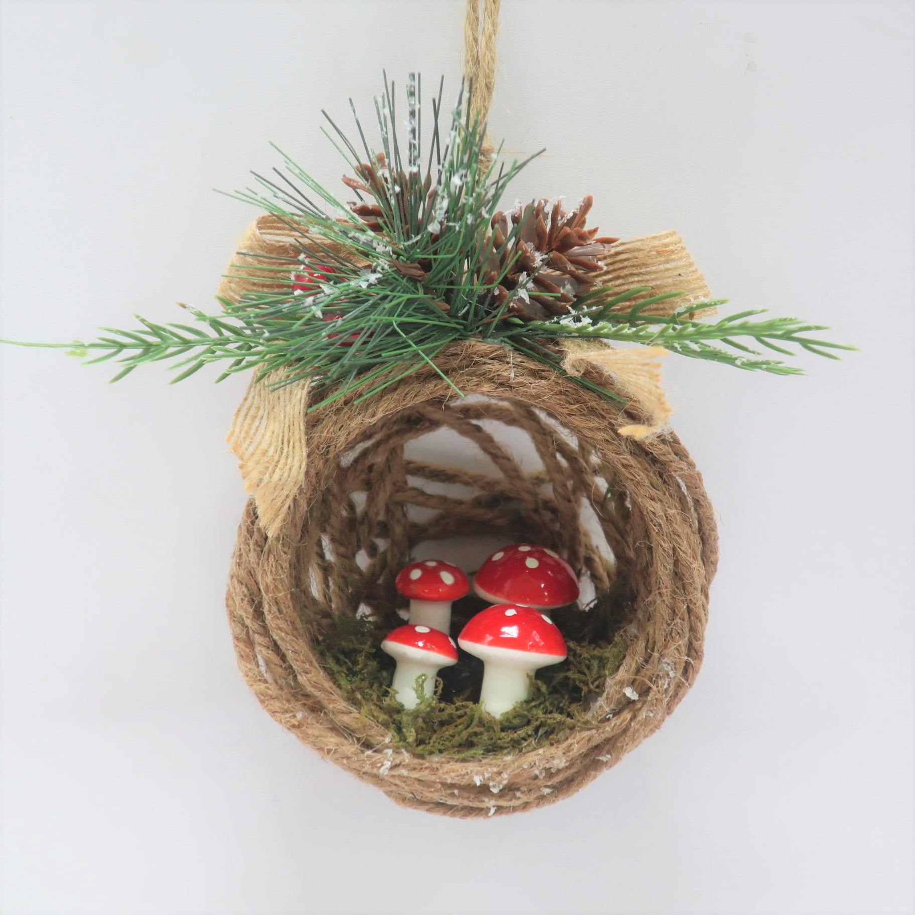 Holiday Time Jute Ball With Mushroom N Bow Ornament