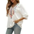 thumbnail image 3 of Higustar Womens Tops Summer Embroidered Blouses Dressy Casual Ladies Plus Size V Neck 3/4 Sleeve Peasant Mexican Tops - Cotton Rayon-328/H-White-L, 3 of 9